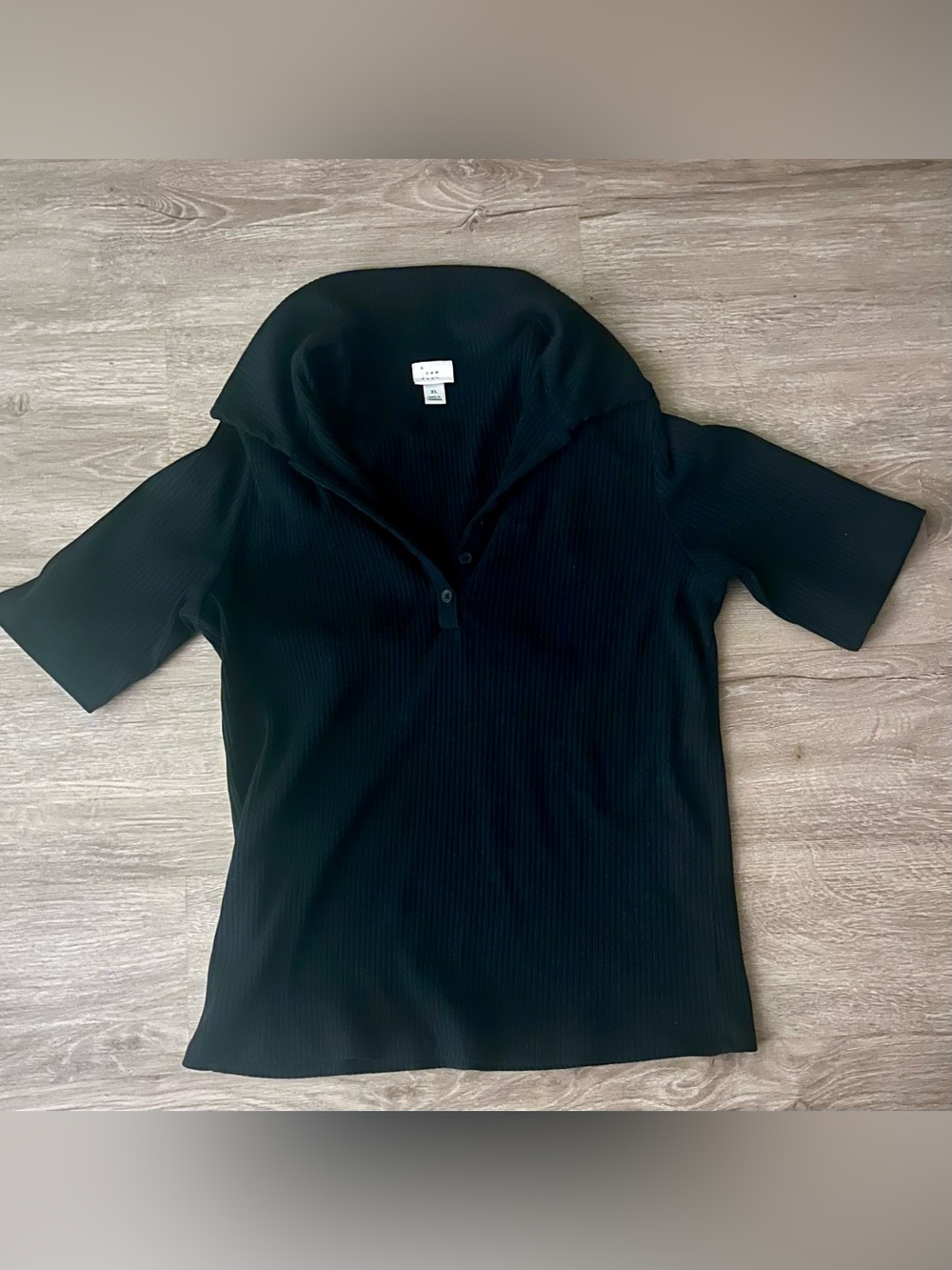 New Day Ribbed Short Sleeve Polo Collar Knit Top Black XL